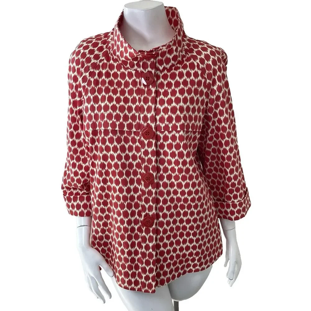 3 Sisters Swing Jacket 3/4 Sleeves M‎ Cotton Artsy Bold Red Ikat Print Office